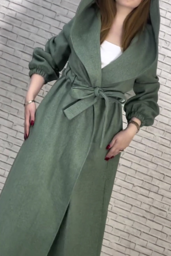 Women Casual Waist Tie Hooded Long Coat