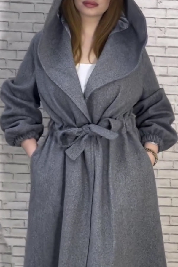 Women Casual Waist Tie Hooded Long Coat