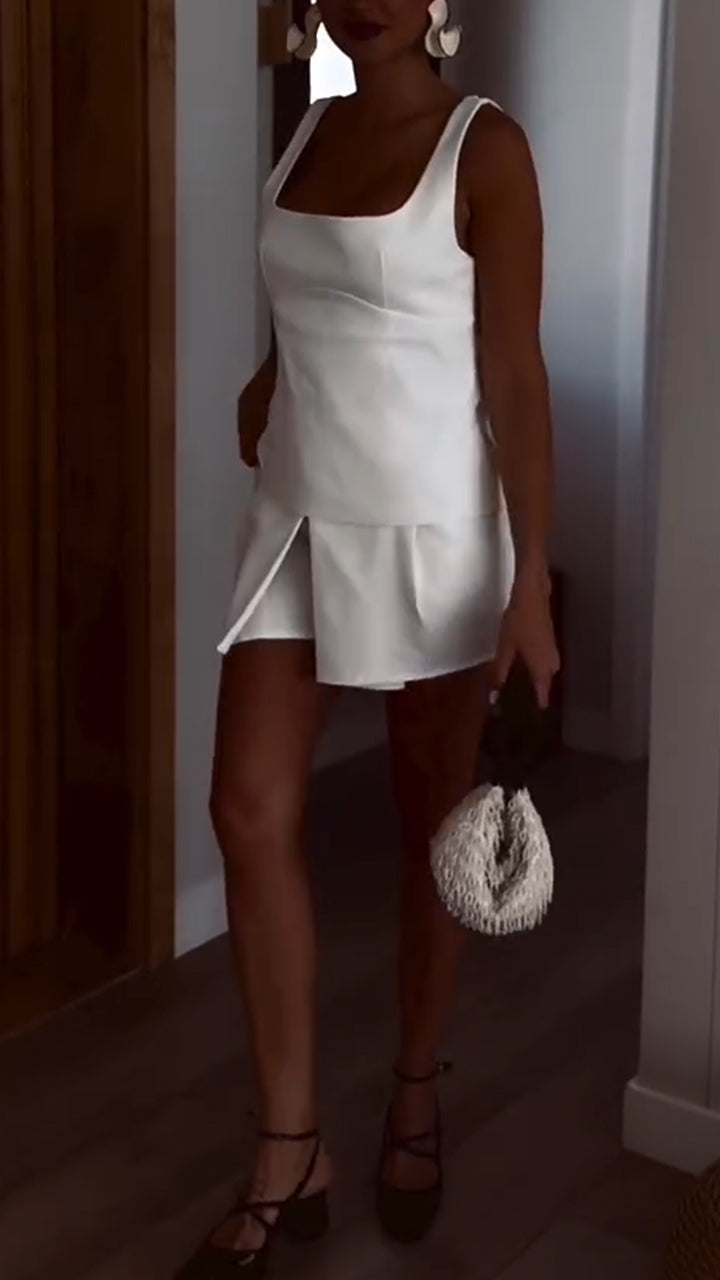 Women Square Neck Back Hollow Top + Shorts Casual Suit