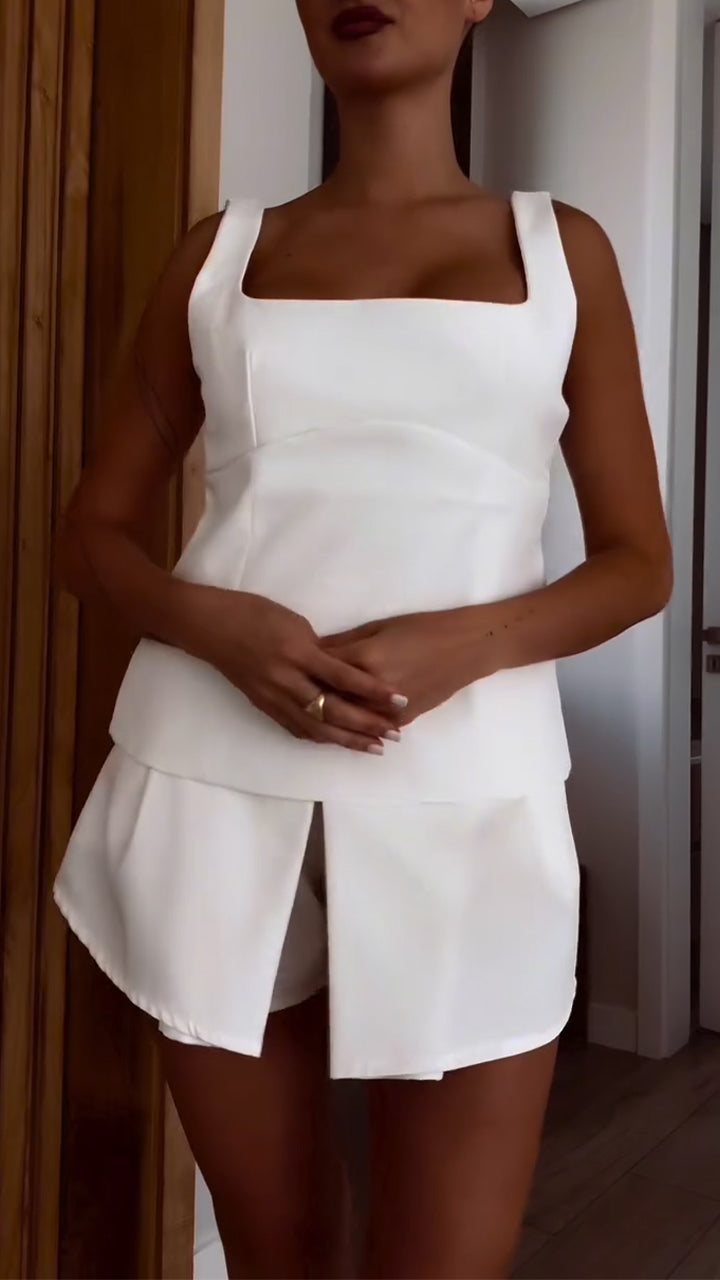 Women Square Neck Back Hollow Top + Shorts Casual Suit