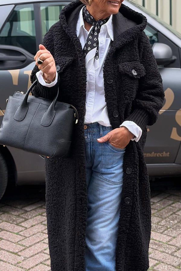 Women Casual Grained Plush Knit Sleeve Hooded Long Coat