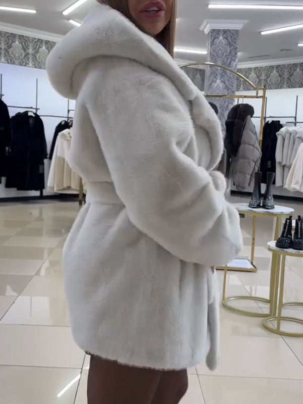 Women Lapel Hooded Casual Plush Coat