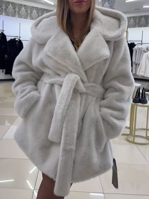 Women Lapel Hooded Casual Plush Coat