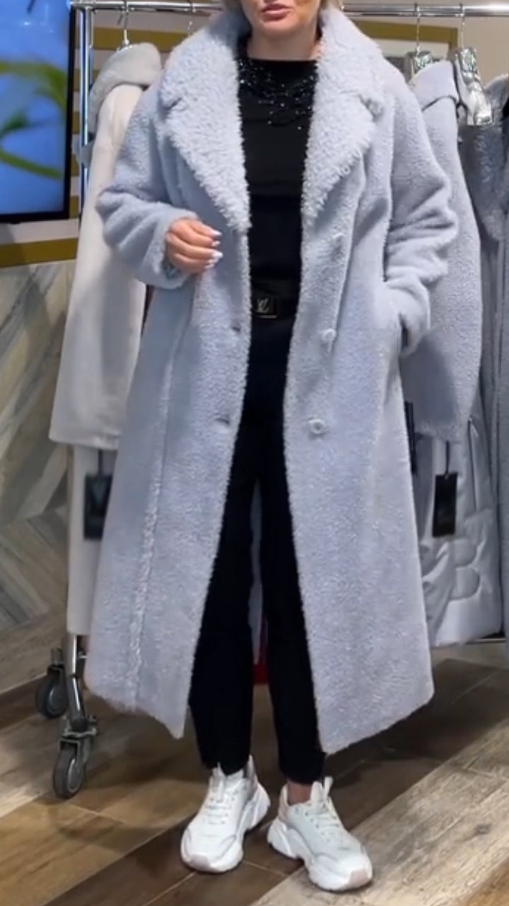 Women Lapel Solid Color Casual Plush Coat