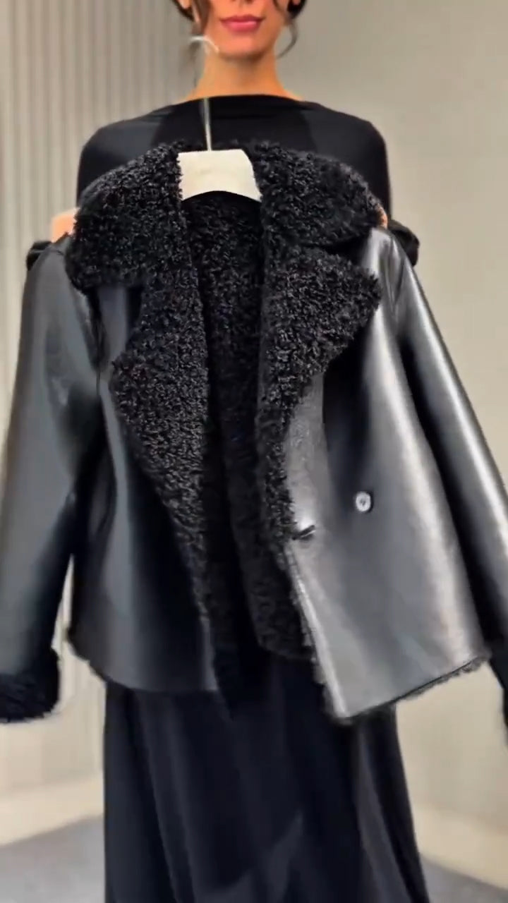 Women Lapel Plush Leather Casual Coat