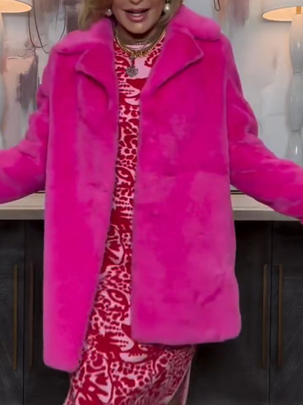 Women Lapel Solid Color Casual Plush Coat
