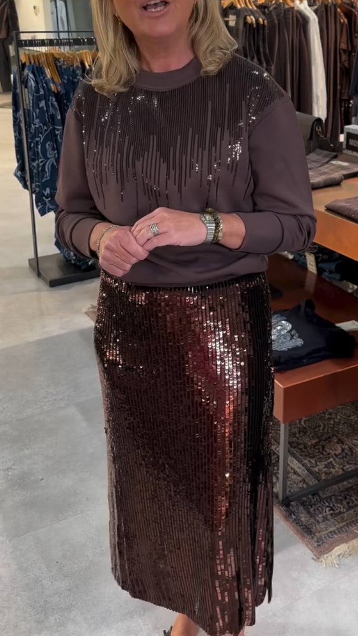 Women Round Neck Top + Sequined Skirt Casual Suit