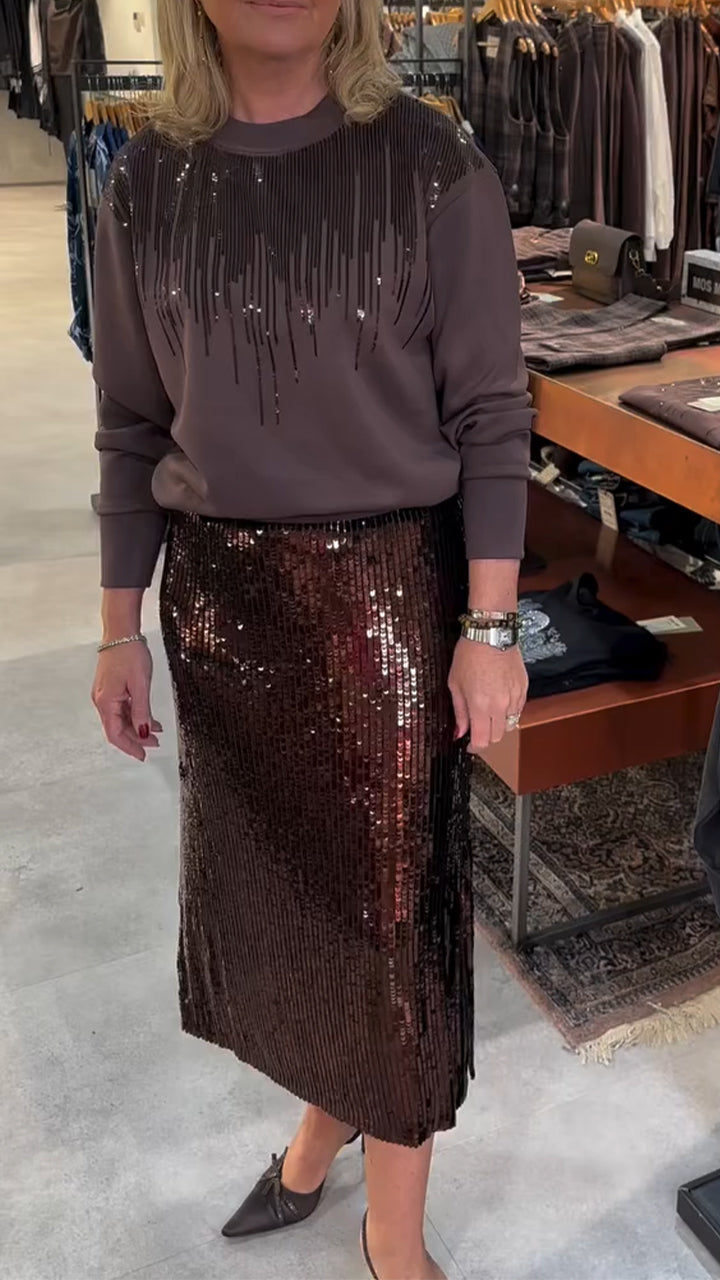 Women Round Neck Top + Sequined Skirt Casual Suit