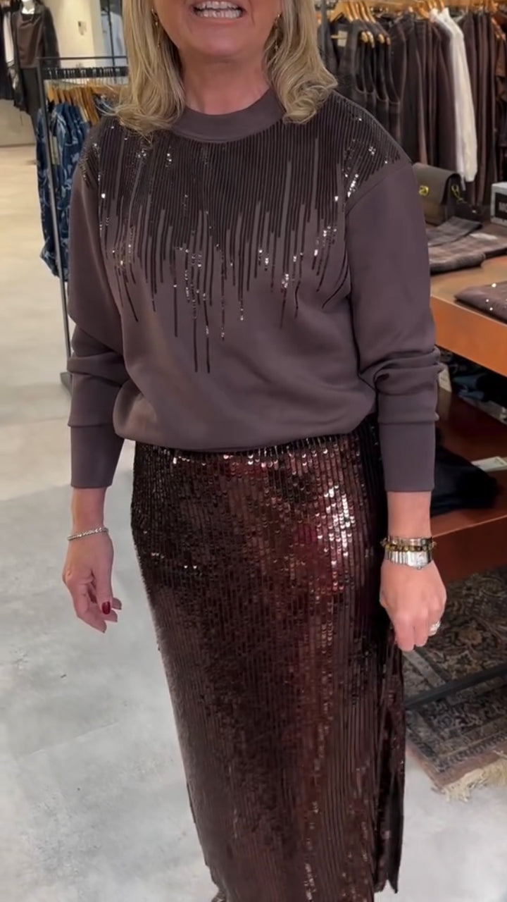 Women Round Neck Top + Sequined Skirt Casual Suit