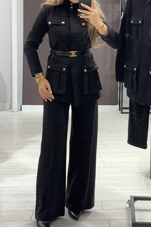Women Elegant Office Metal Button Multi-Pocket Suit + Pants Suit