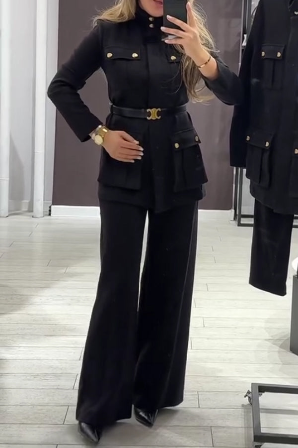 Women Elegant Office Metal Button Multi-Pocket Suit + Pants Suit