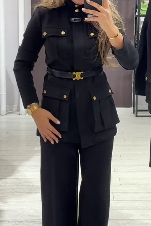 Women Elegant Office Metal Button Multi-Pocket Suit + Pants Suit