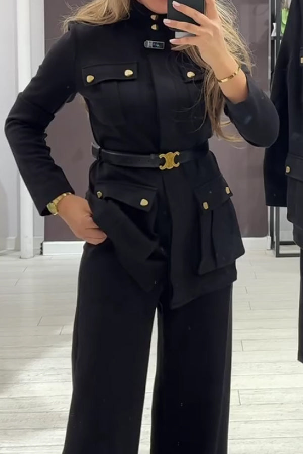 Women Elegant Office Metal Button Multi-Pocket Suit + Pants Suit