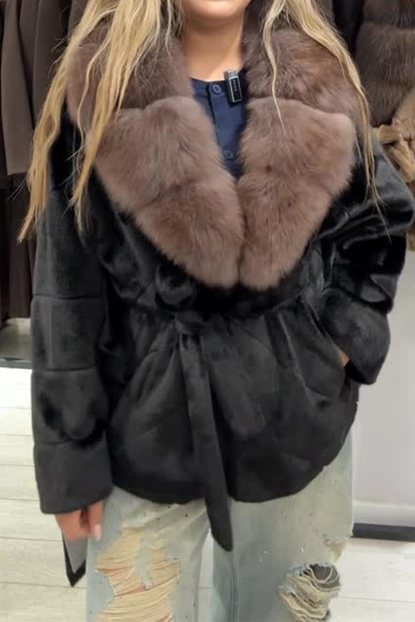 Women Elegant Fur Collar Plush Lace-up Batwing Sleeve Warm Coat
