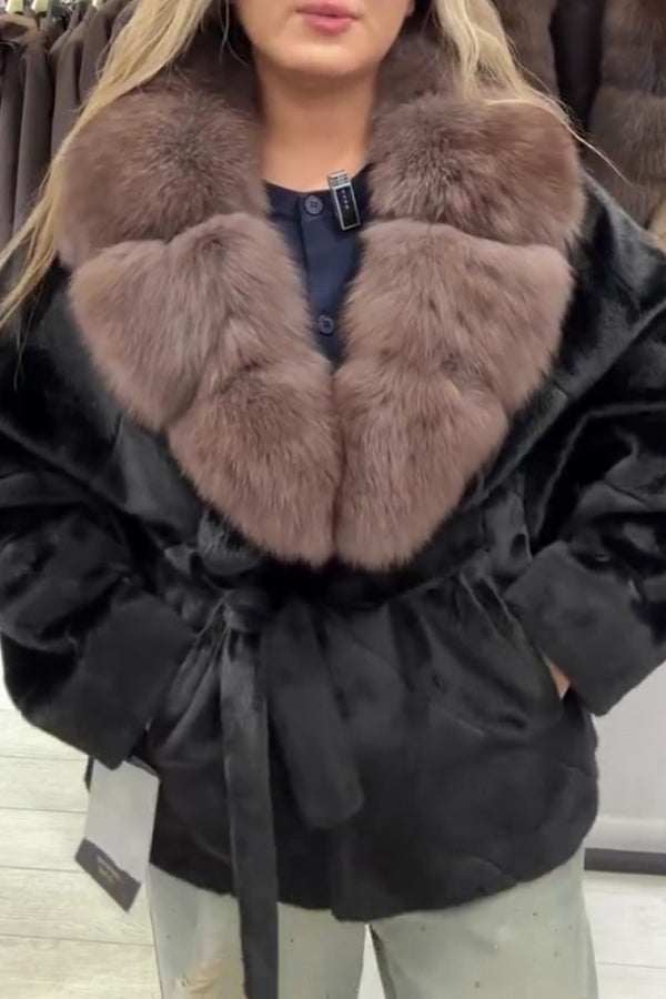 Women Elegant Fur Collar Plush Lace-up Batwing Sleeve Warm Coat