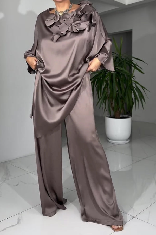 Women Elegant Three-Dimensional Floral Satin Irregular Cape Top + Wide-Leg Pants Suit