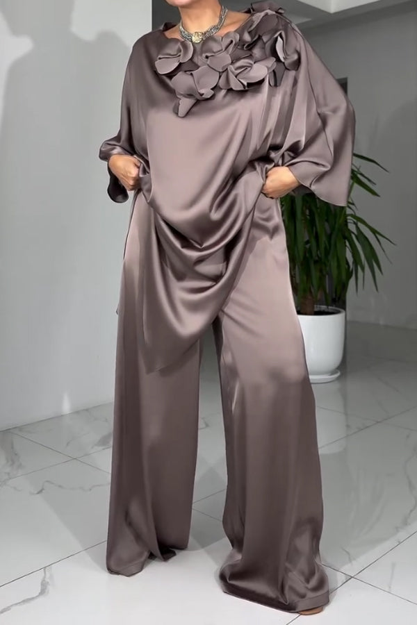 Women Elegant Three-Dimensional Floral Satin Irregular Cape Top + Wide-Leg Pants Suit