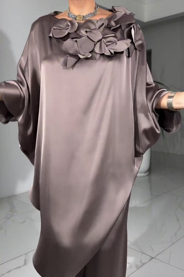 Women Elegant Three-Dimensional Floral Satin Irregular Cape Top + Wide-Leg Pants Suit
