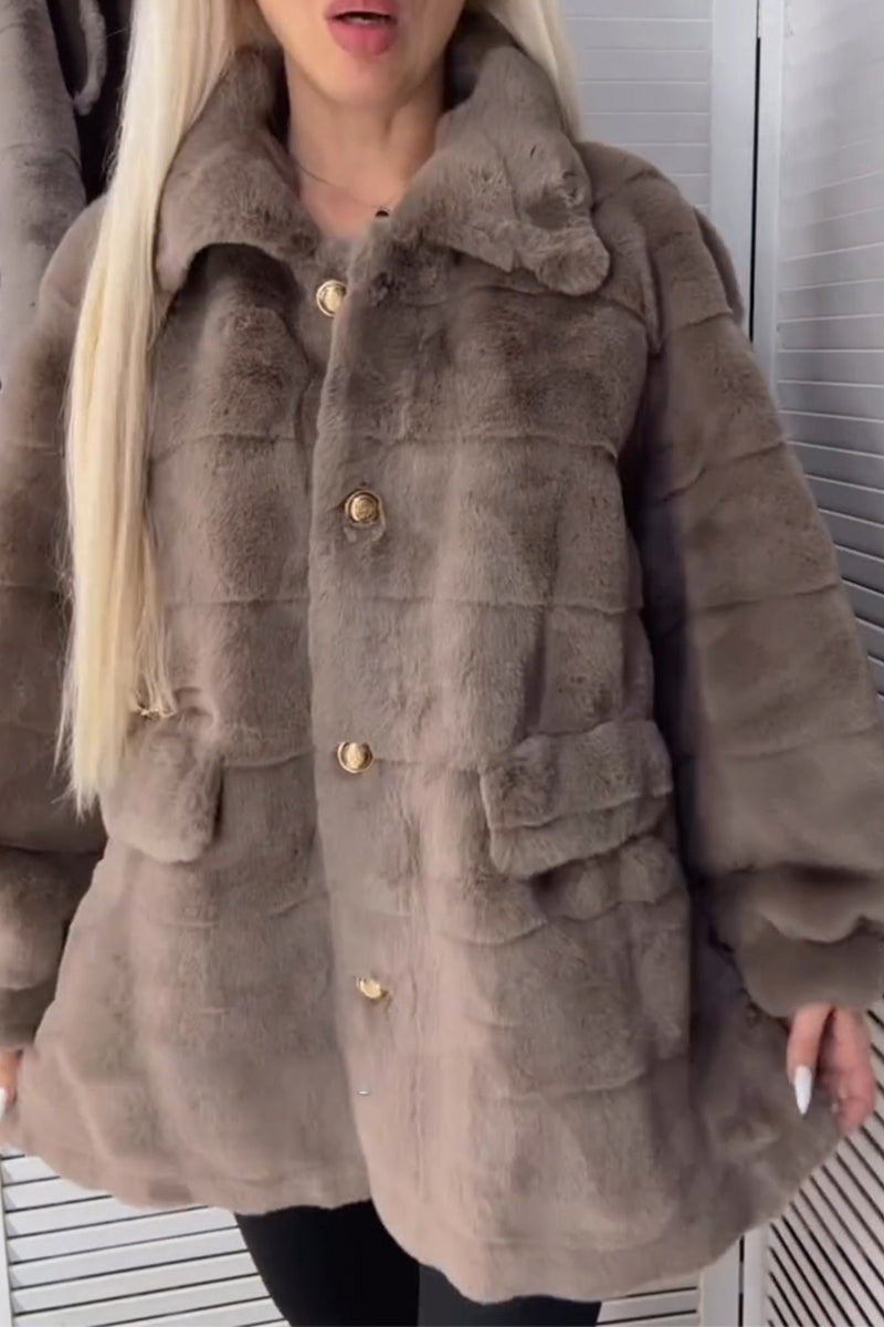 Women Lapel Buttoned Casual Plush Coat