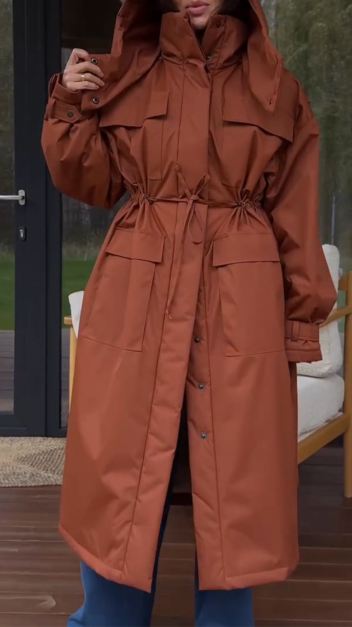Women Solid Color Hooded Casual Long Coat
