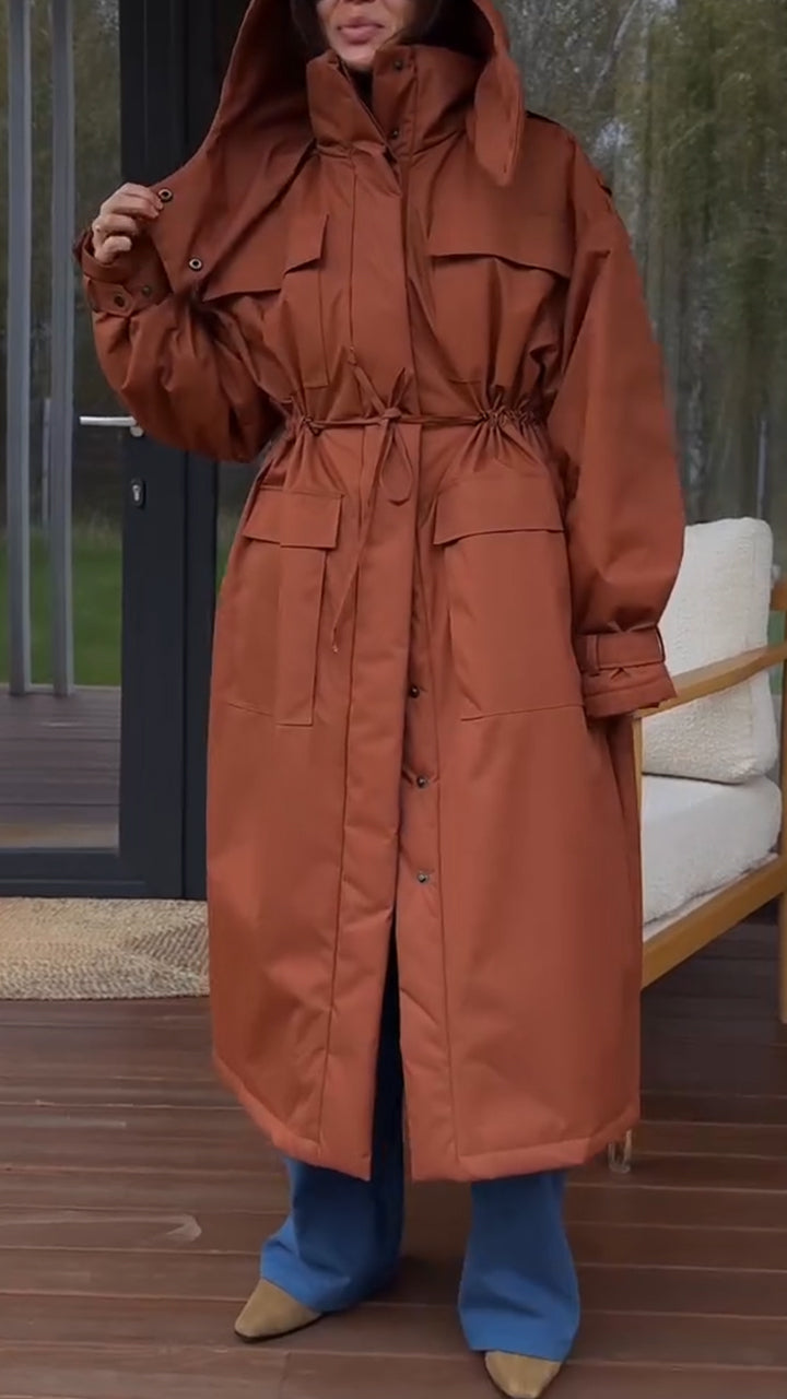 Women Solid Color Hooded Casual Long Coat