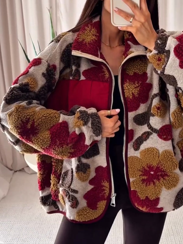 Women Lapel Plush Printed Casual Coat