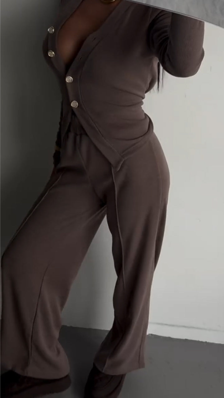 Women Button-down Cardigan + Pants Casual Suit
