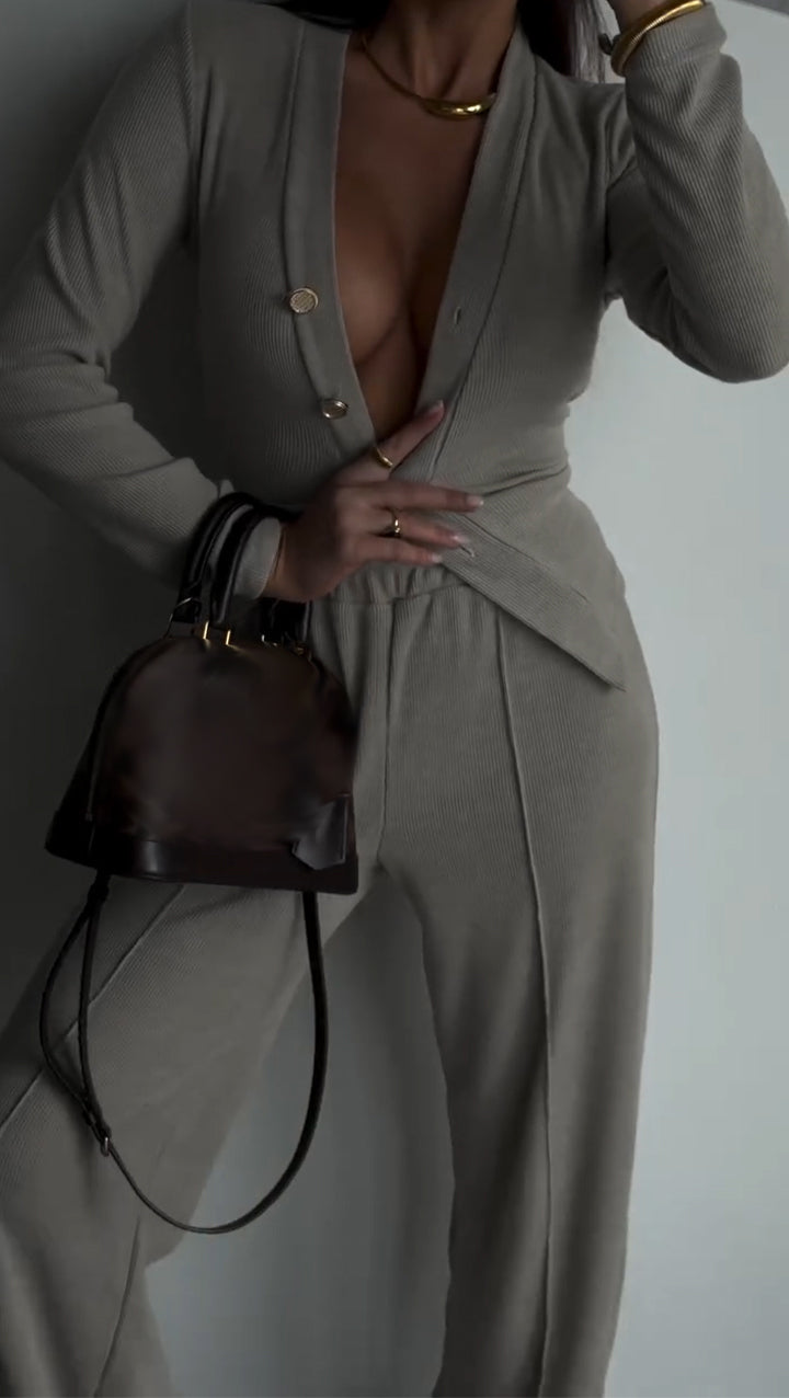 Women Button-down Cardigan + Pants Casual Suit
