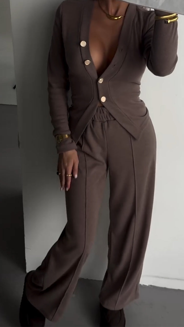 Women Button-down Cardigan + Pants Casual Suit