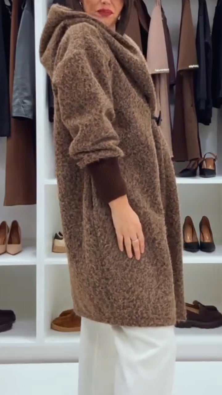 Women Hooded Patchwork Sleeves Casual Plush Coat