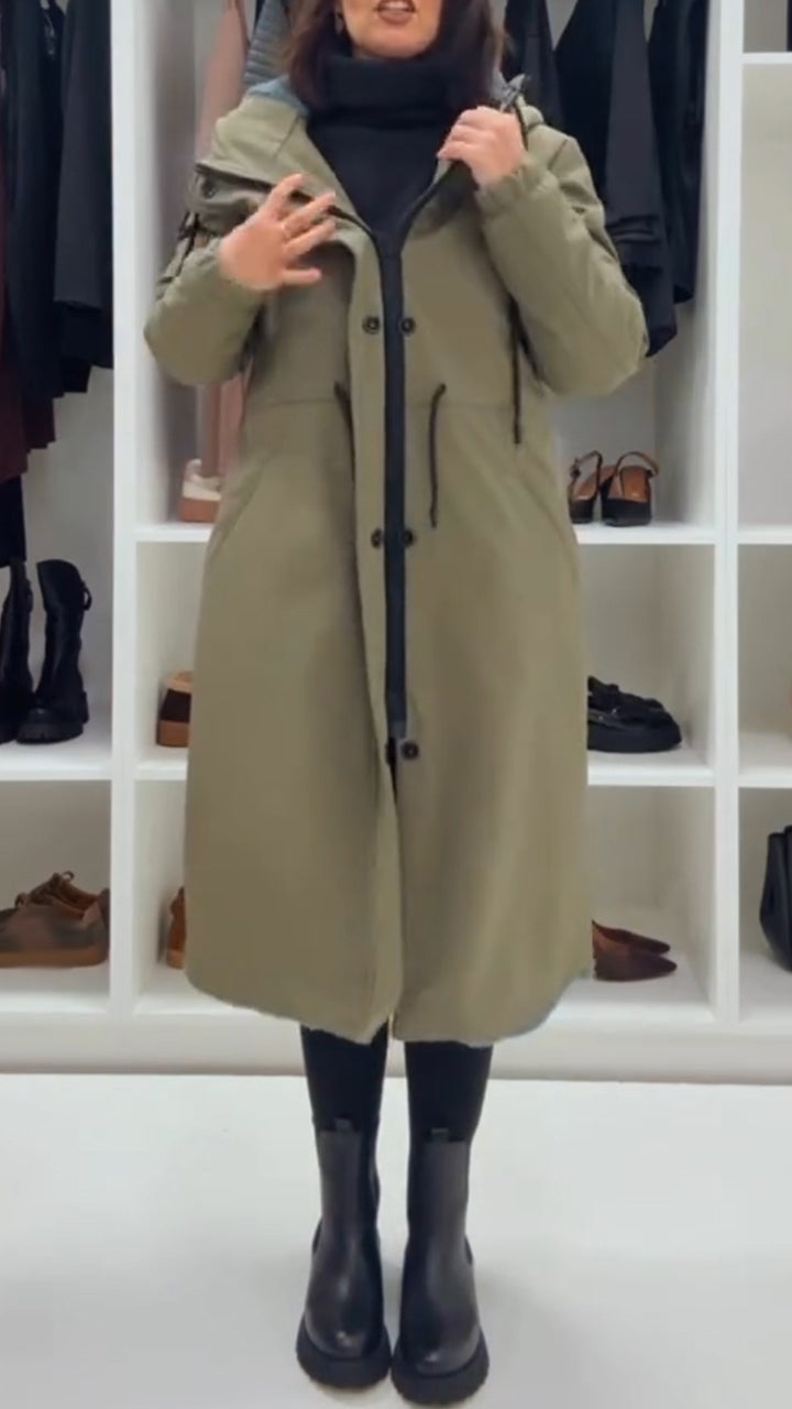 Women Lapel Hooded Drawstring Waist Casual Coat