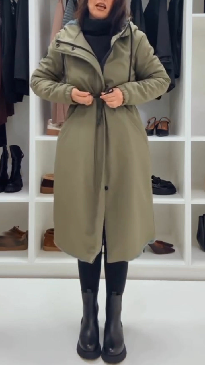 Women Lapel Hooded Drawstring Waist Casual Coat