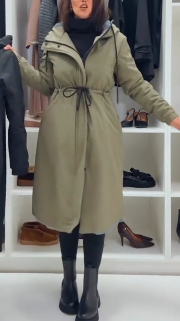 Women Lapel Hooded Drawstring Waist Casual Coat