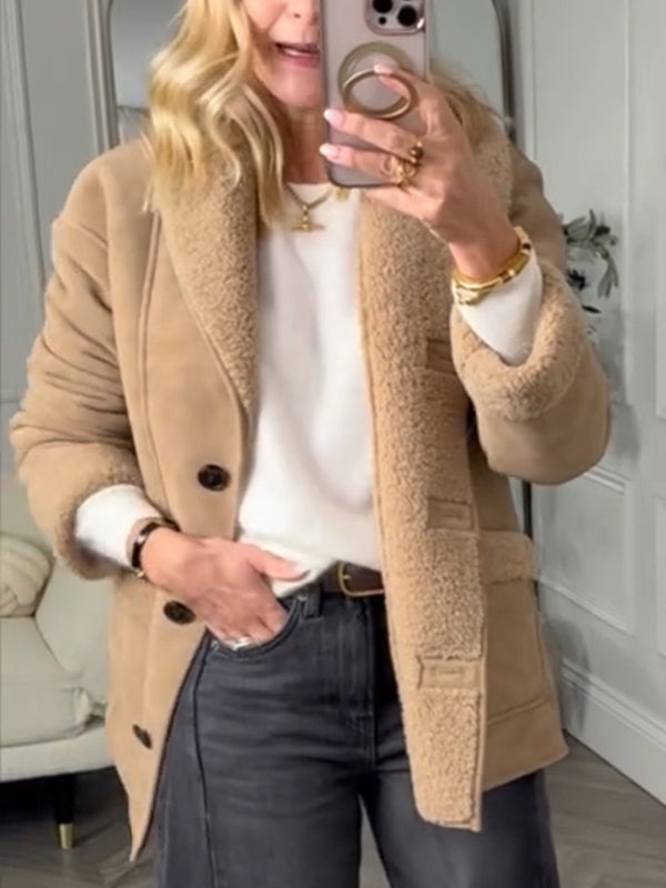 Women Lapel Inner Plush Casual Coat