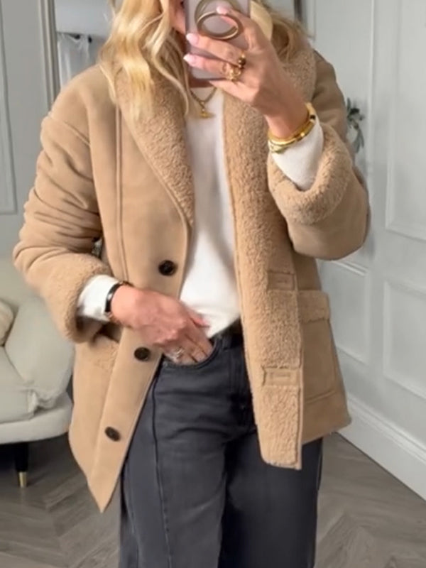 Women Lapel Inner Plush Casual Coat