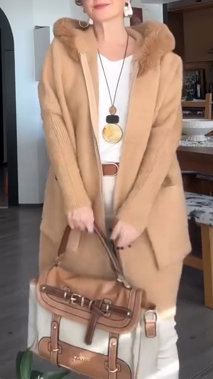 Women Fur Collar Patchwork Knitted Sleeves Casual Coat