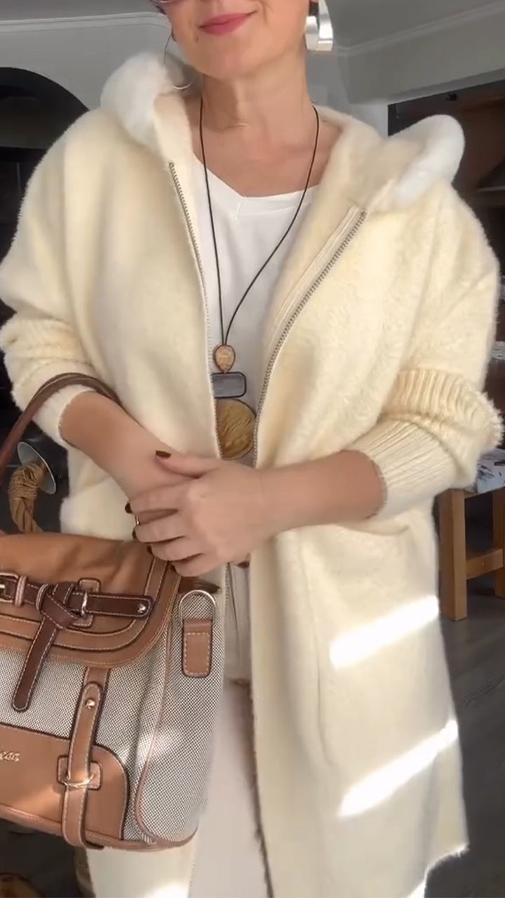 Women Fur Collar Patchwork Knitted Sleeves Casual Coat
