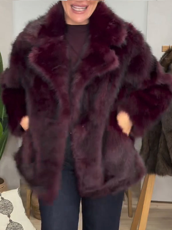 Women Lapel Solid Color Casual Plush Coat