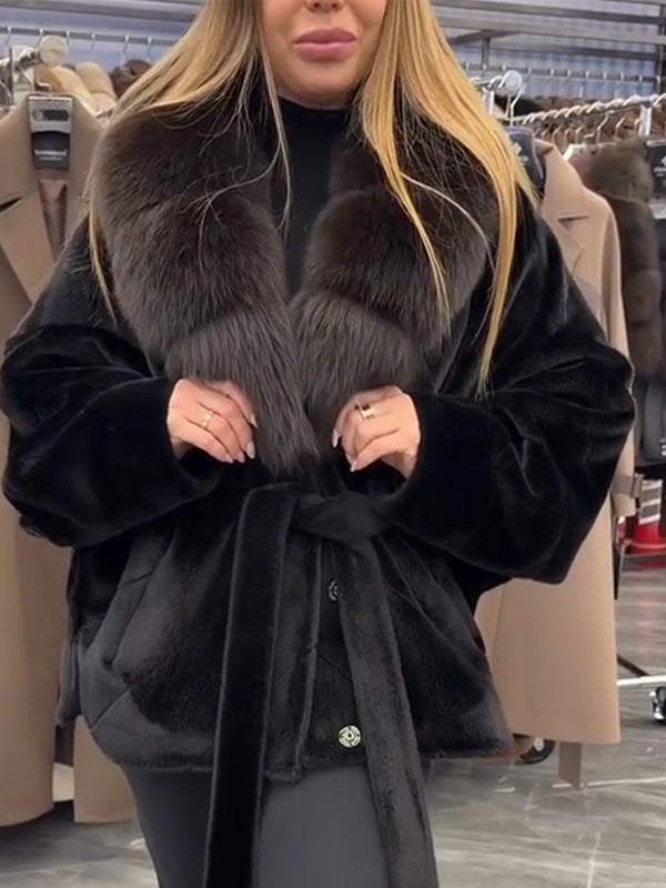 Women Fur Collar Tie Temperament Casual Plush Coat