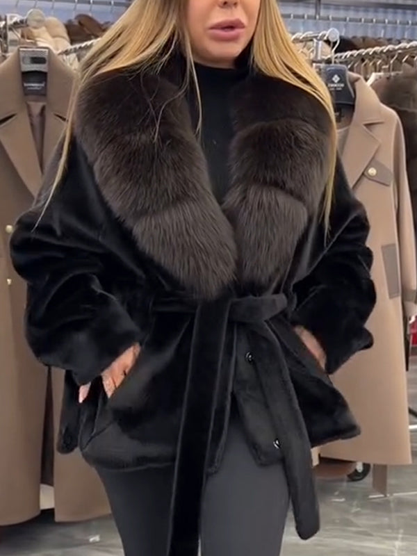Women Fur Collar Tie Temperament Casual Plush Coat