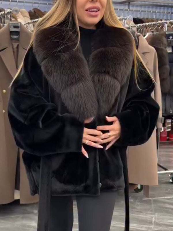 Women Fur Collar Tie Temperament Casual Plush Coat