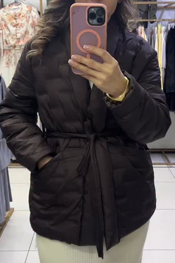 Women Elegant Large Pocket Waist Tie Cardigan Warm Coat