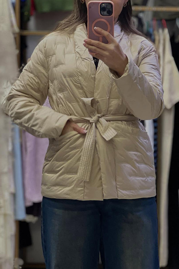 Women Elegant Large Pocket Waist Tie Cardigan Warm Coat