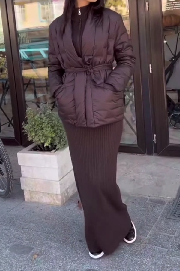 Women Elegant Large Pocket Waist Tie Cardigan Warm Coat