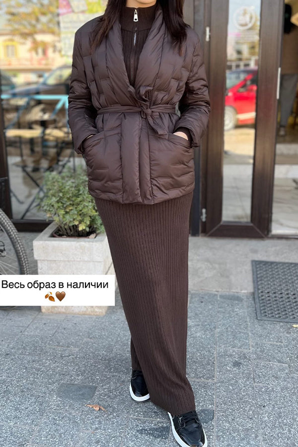 Women Elegant Large Pocket Waist Tie Cardigan Warm Coat