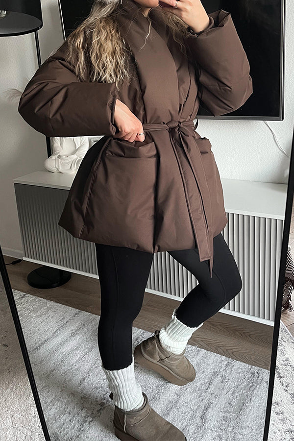 Women Elegant Crossover Waist Tie Oversized Warm Coat