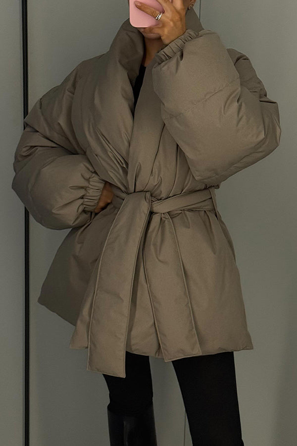 Women Elegant Crossover Waist Tie Oversized Warm Coat