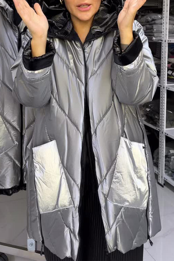 Women Insulated Hooded Metallic Zip-Up Waterproof Coat