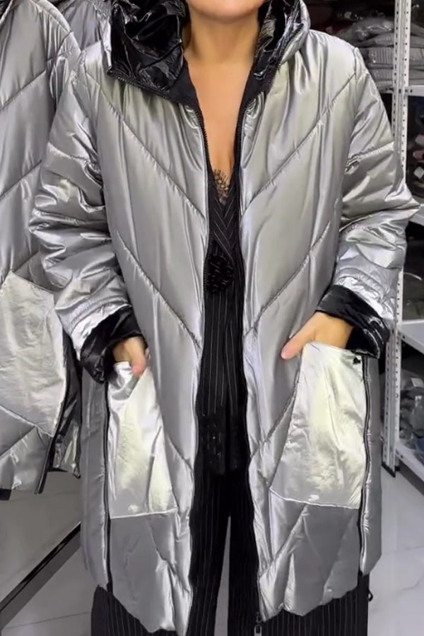 Women Insulated Hooded Metallic Zip-Up Waterproof Coat