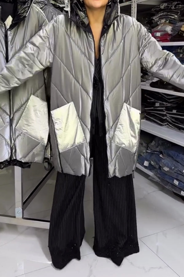 Women Insulated Hooded Metallic Zip-Up Waterproof Coat